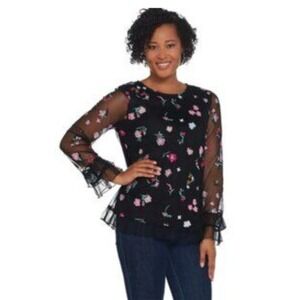 Du Jour Floral Embroidered Top Ruffle Hem Cuffs Medium Romantic Fairy Whimsigoth